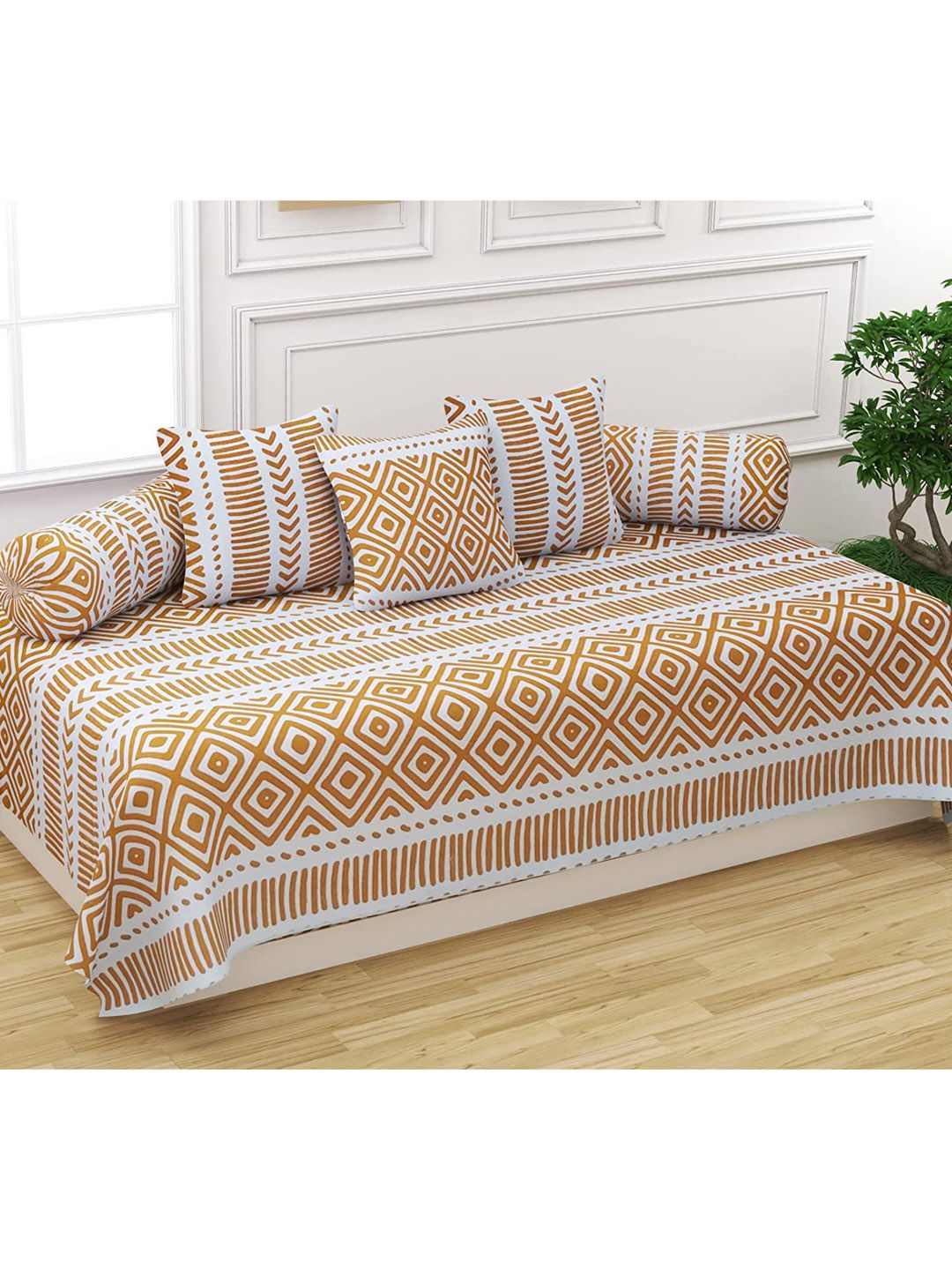 Trance Home Linen Set Of 6 Yellow Printed 200 TC Pure Cotton Diwan Set Price in India
