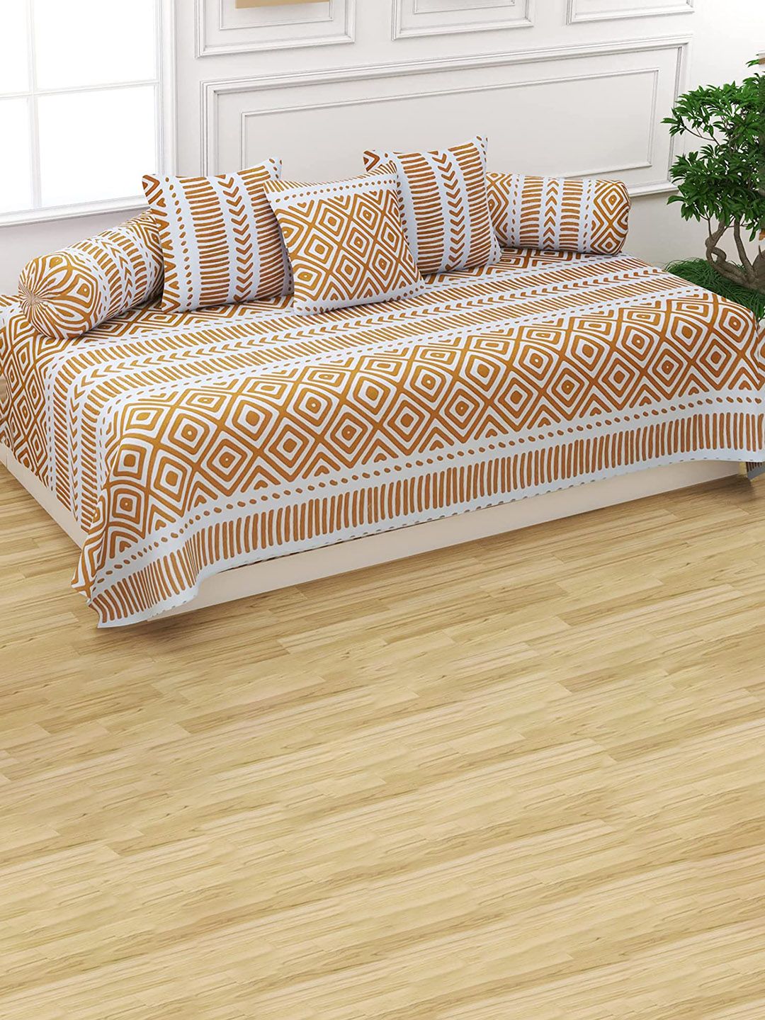 Trance Home Linen Set Of 6 Yellow Printed 200 TC Pure Cotton Diwan Set