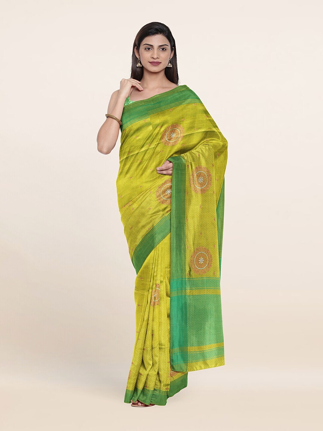 Pothys Green & Silver-Toned Woven Design Pothys Art Dupion Art Silk Saree Price in India