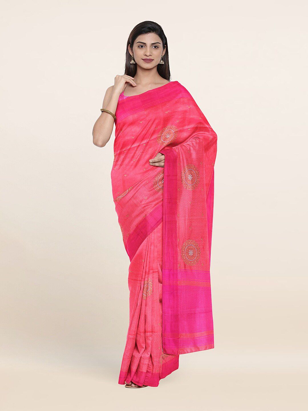 Pothys Women Pink Floral Embroidered Art Silk Saree Price in India
