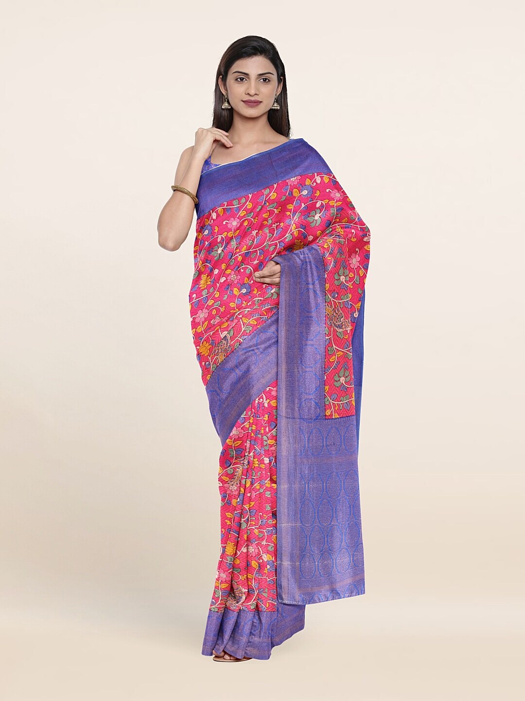 Pothys Pink & Blue Kalamkari Zari Art Silk Saree Price in India
