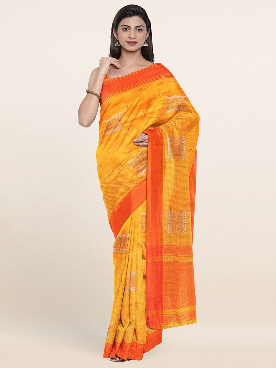 Pothys Yellow & Orange Woven Design Zari Art Silk Saree Price in India