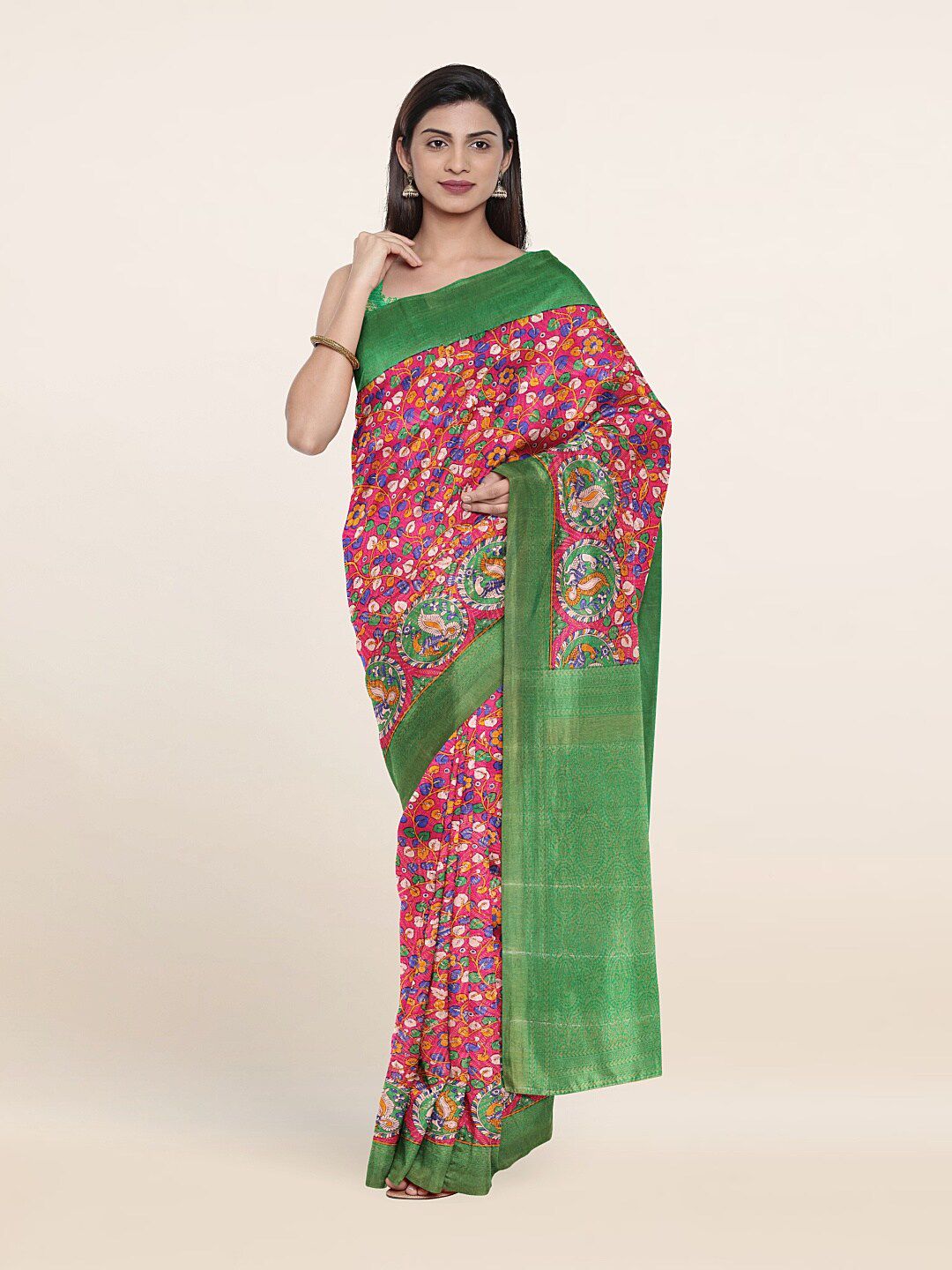 Pothys Pink & Green Floral Zari Art Silk Saree Price in India