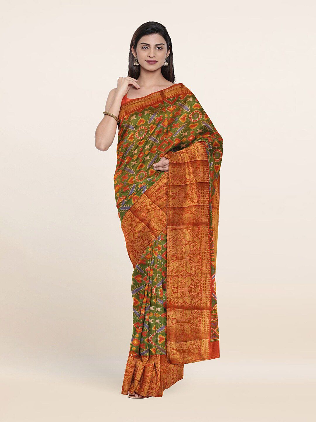 Pothys Green & Orange Ethnic Motifs Art Silk Saree Price in India