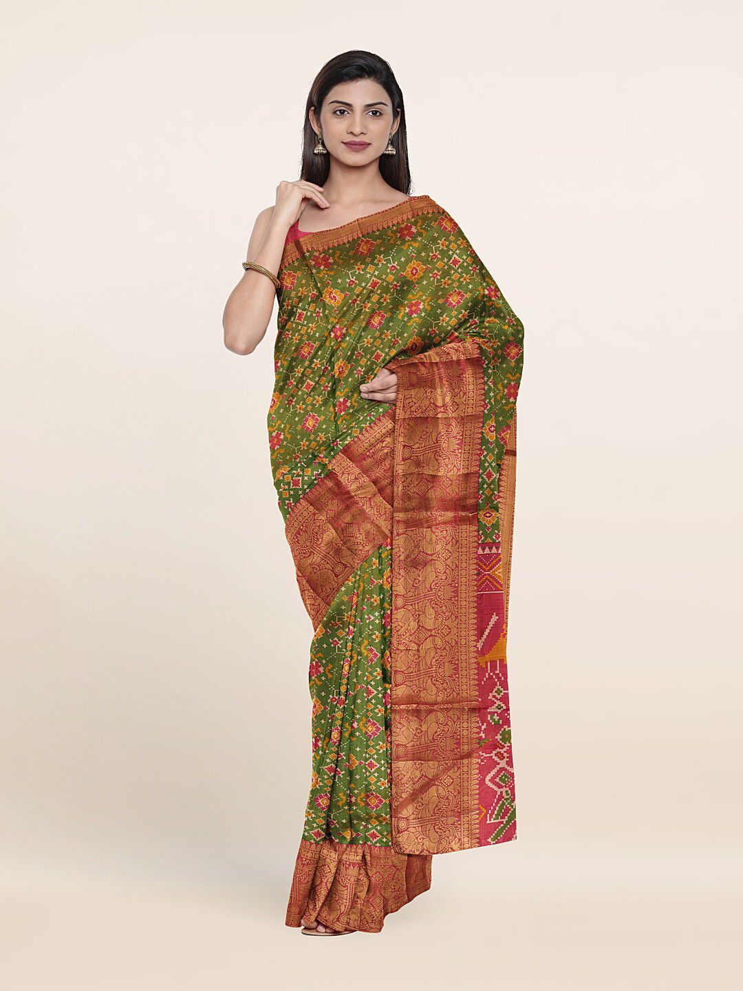 Pothys Green & Pink Ethnic Motifs Zari Art Silk Saree Price in India