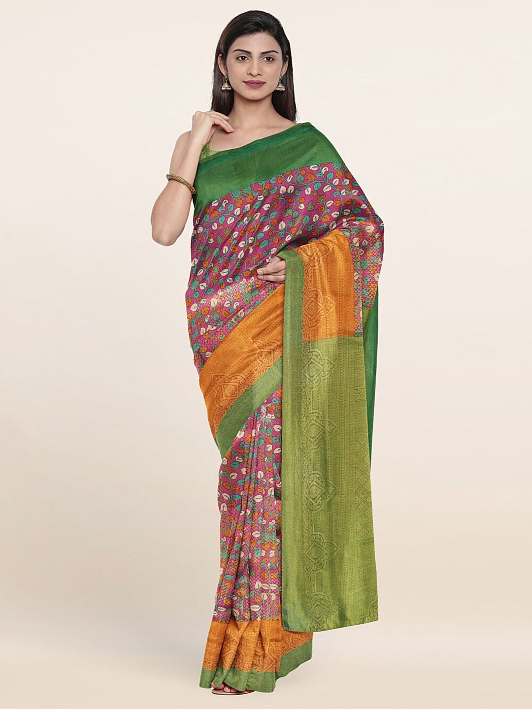 Pothys Pink & Green Kalamkari Zari Art Silk Saree Price in India