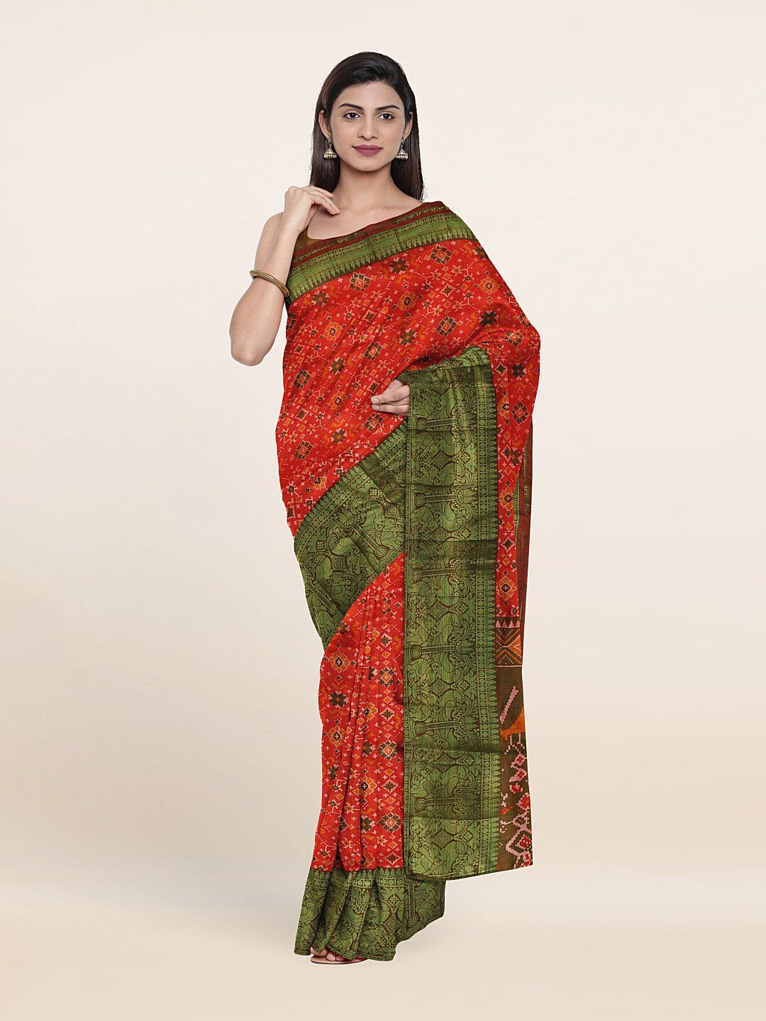 Pothys Red & Green Ethnic Motifs Zari Art Silk Saree Price in India