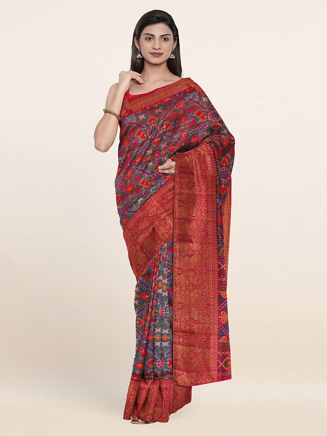 Pothys Grey & Red Floral Zari Art Silk Saree Price in India