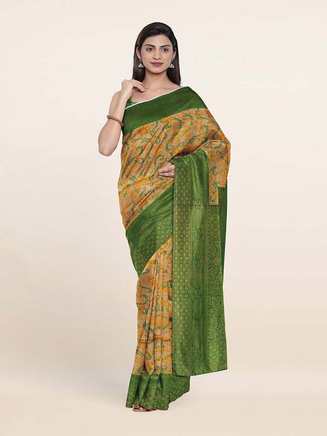 Pothys Cream-Coloured & Green Floral Art Silk Saree Price in India