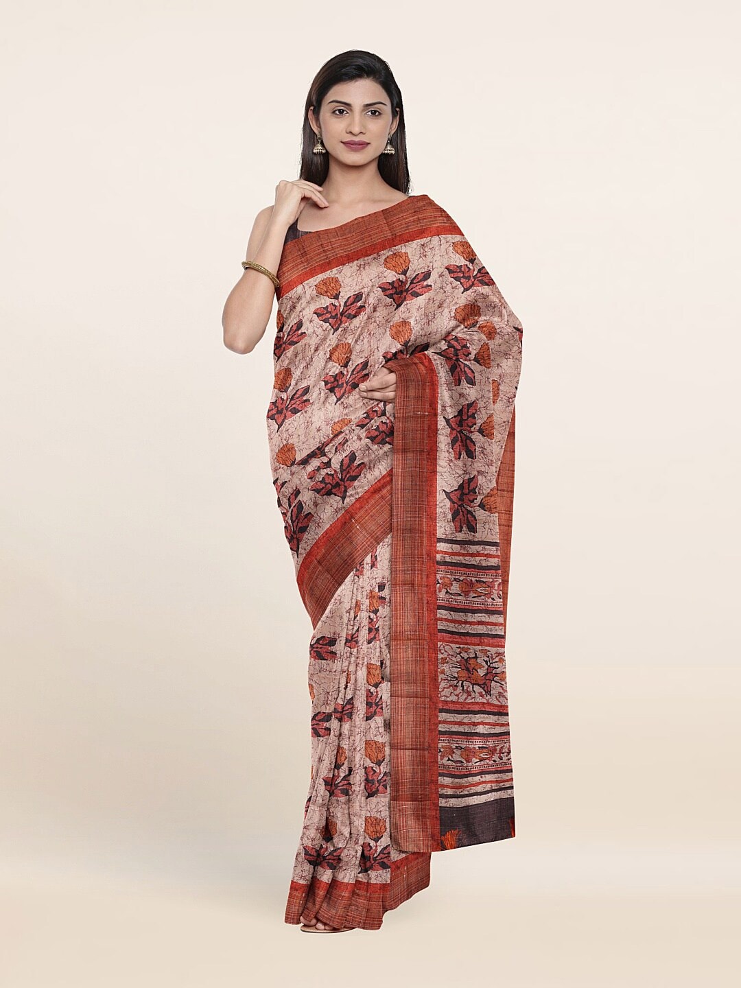 Pothys Cream-Coloured & Brown Floral Zari Art Silk Saree Price in India