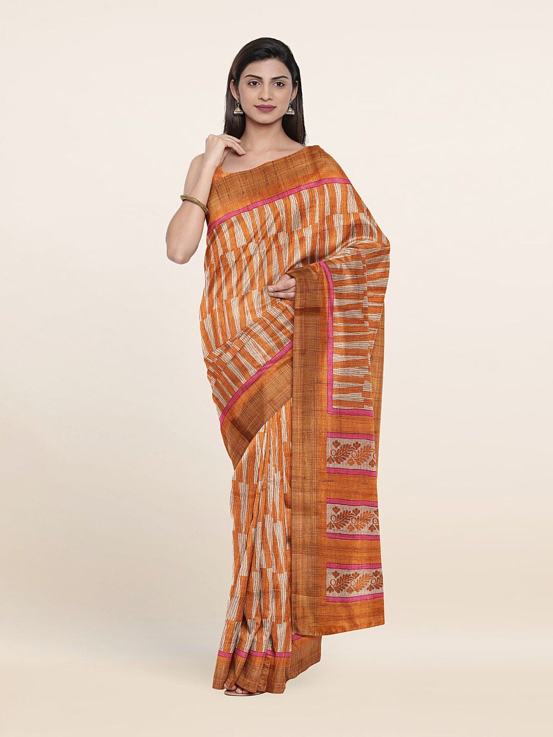 Pothys Women Orange Striped Zari Art Silk Saree Price in India