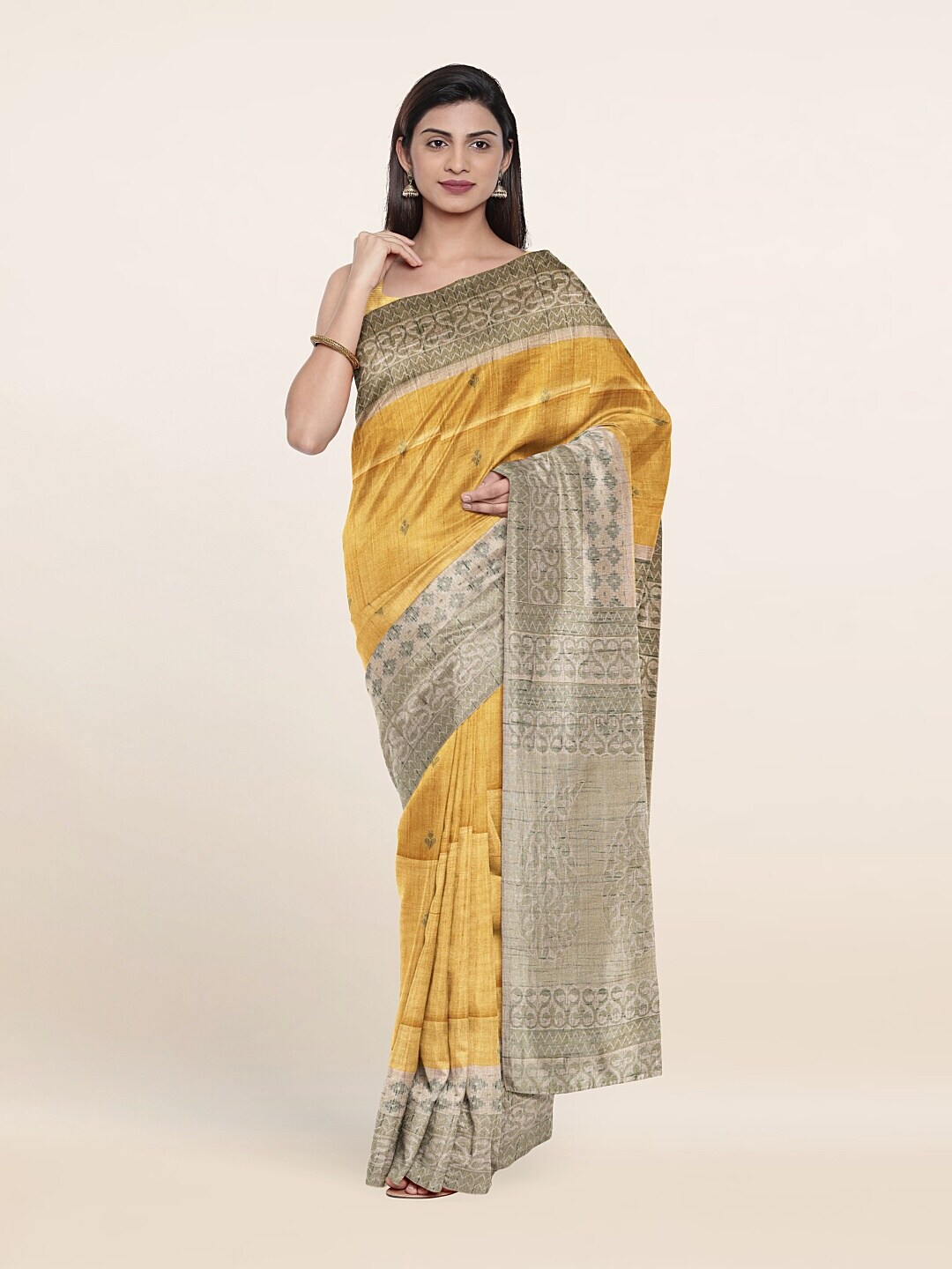 Pothys Women Yellow & Gold-Toned Woven Design Art Silk Saree Price in India
