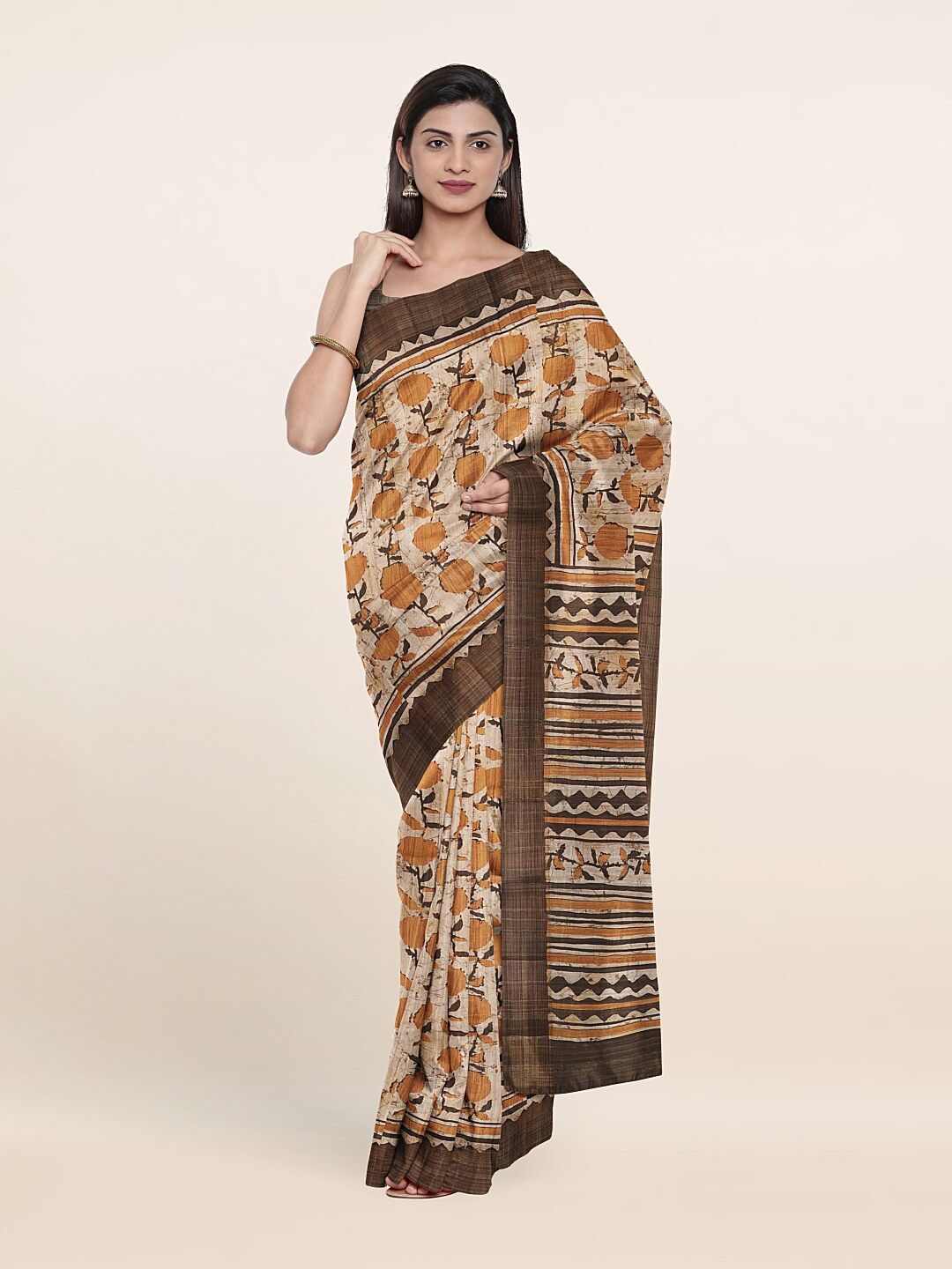 Pothys Cream & Brown Floral Printed Art Silk Saree Price in India