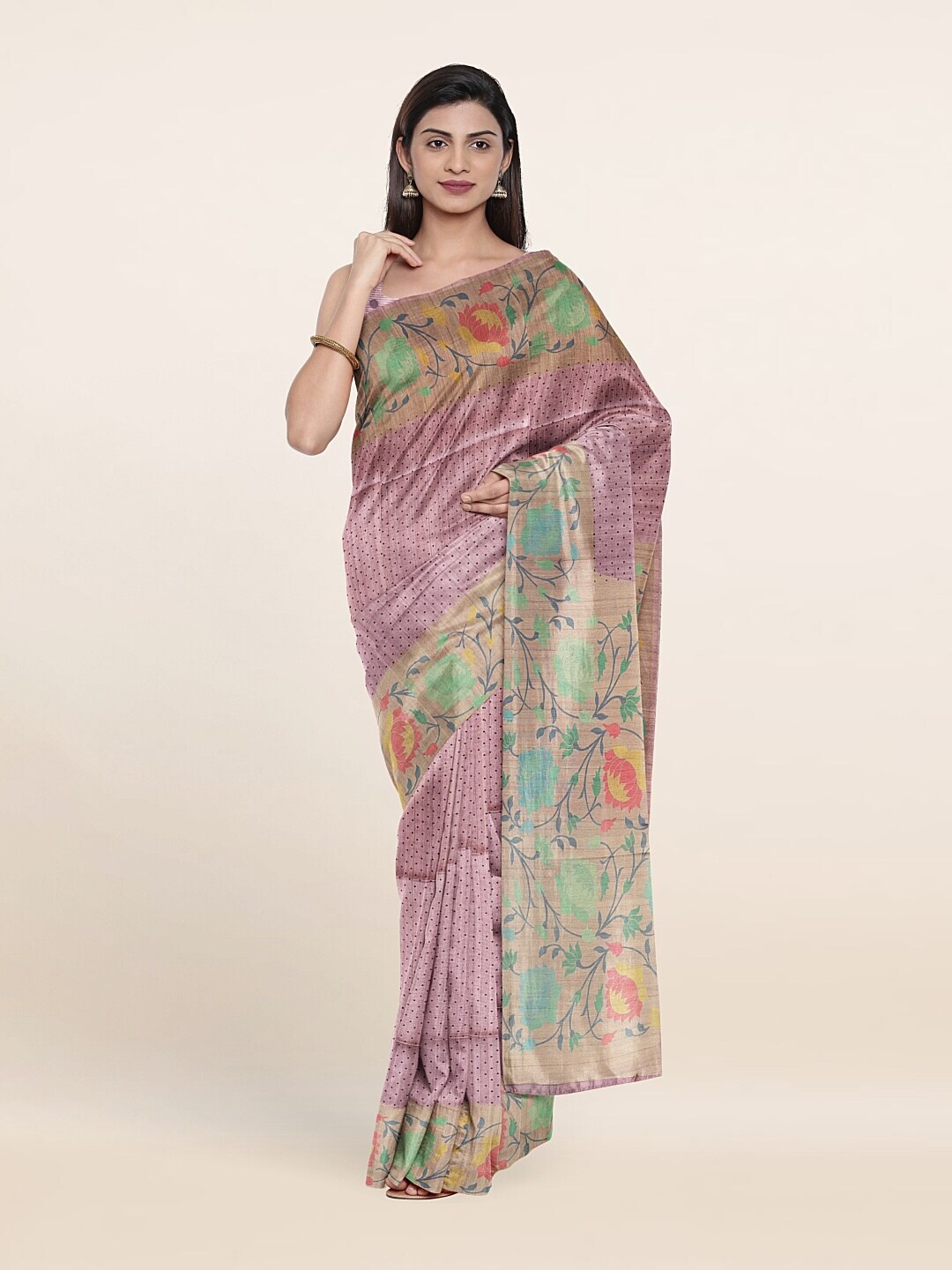 Pothys Lavender & Green Floral Printed Art Silk Saree Price in India