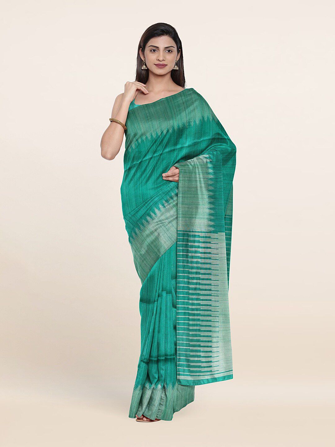 Pothys Green & Silver-Toned Woven Design Zari Art Silk Saree Price in India