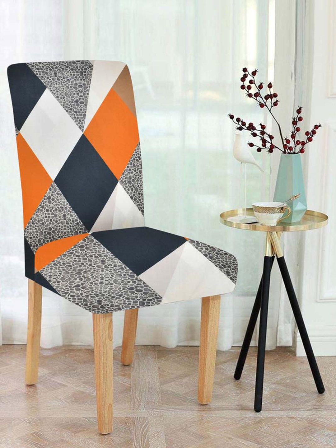Slushy Mushy Grey & Orange Set Of 6 Printed Chair Covers Price in India