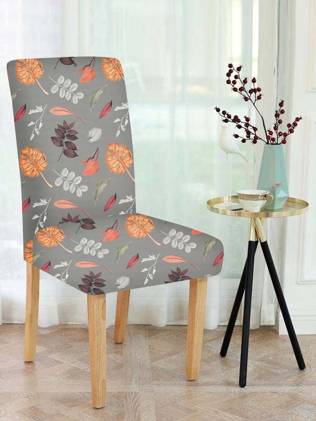 Slushy Mushy Grey & Orange Set Of 6 Printed Chair Covers Price in India