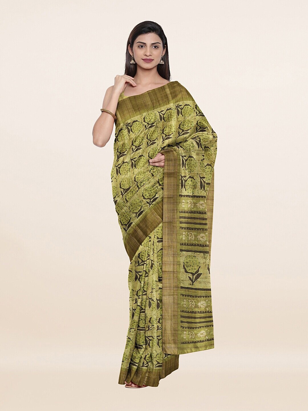 Pothys Green & Gold-Toned Floral Zari Art Silk Saree Price in India