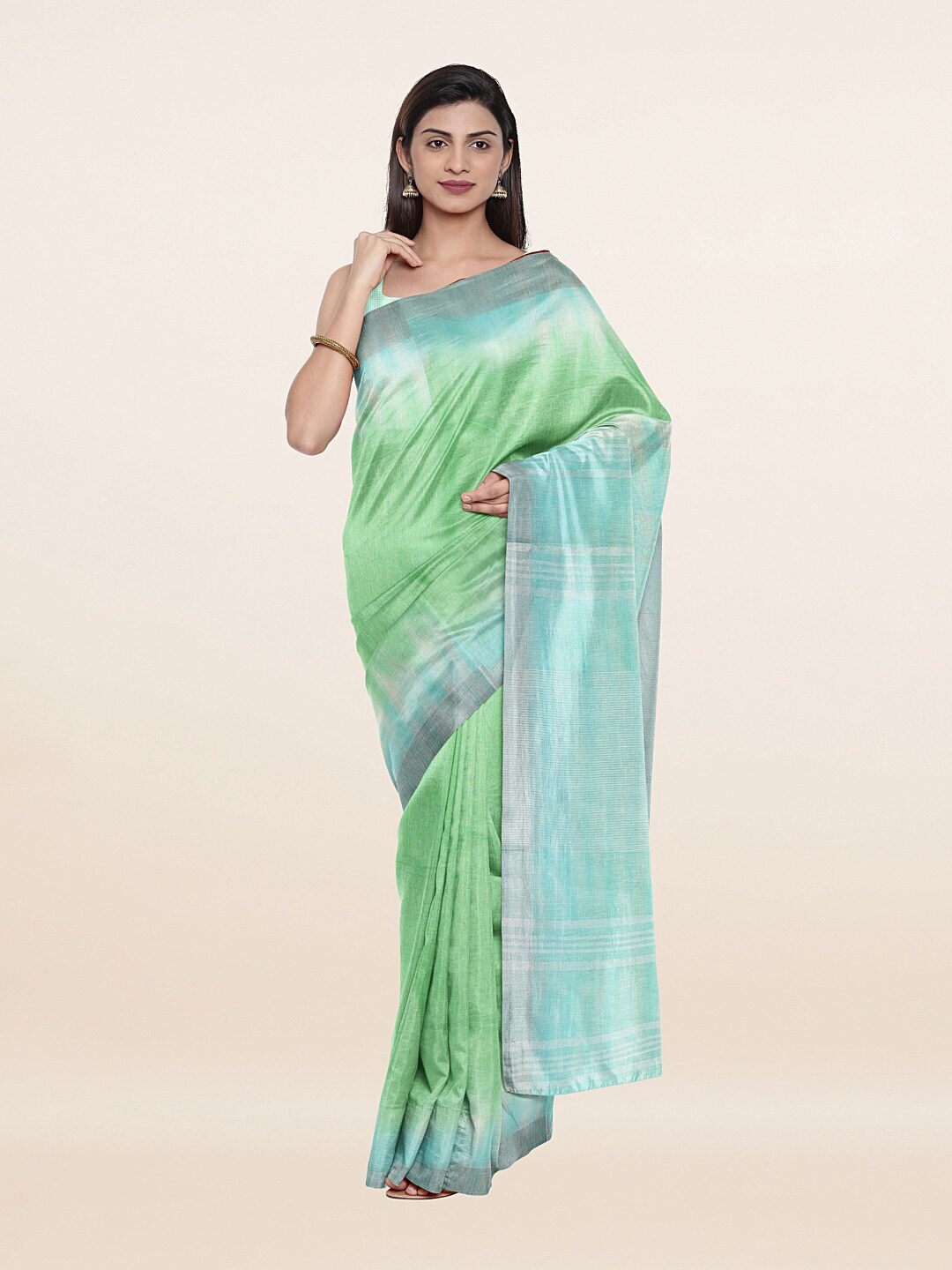 Pothys Green & Blue Ombre Zari Pure Linen Saree Price in India