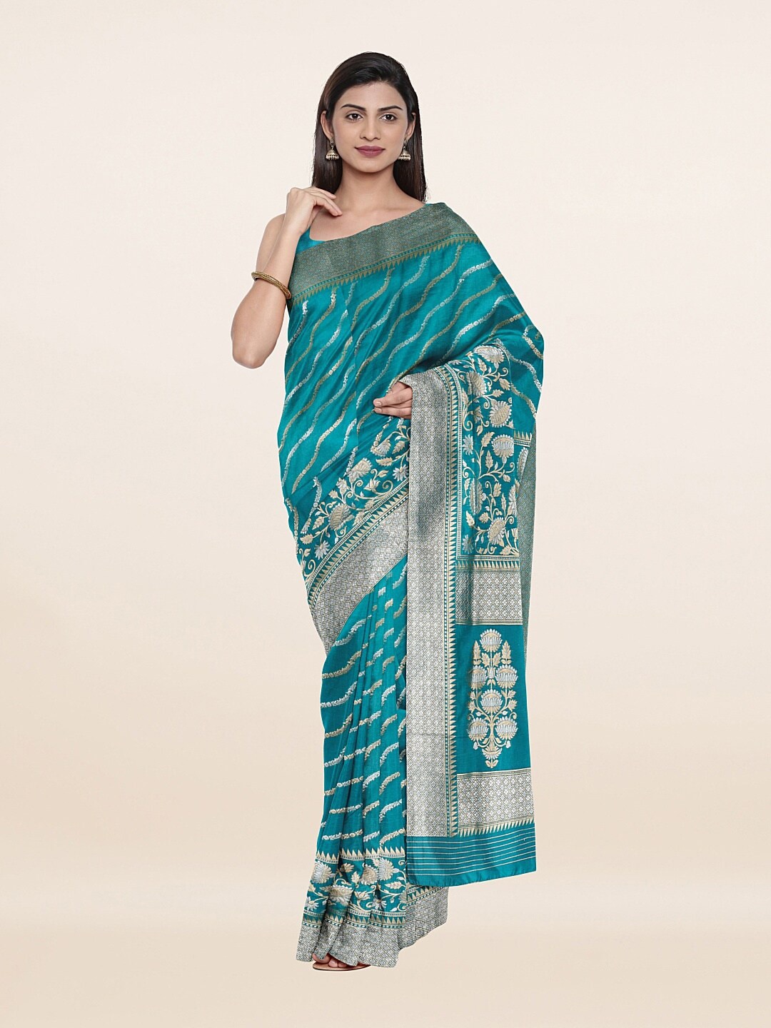 Pothys Green & Gold-Toned Woven Design Zari Art Silk Saree Price in India