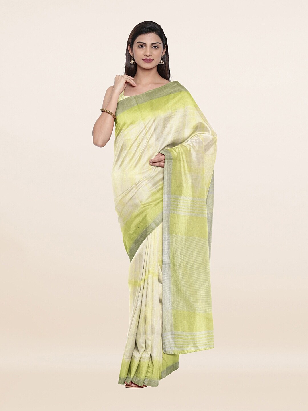 Pothys Cream-Coloured & Green Tie and Dye Zari Pure Linen Saree Price in India