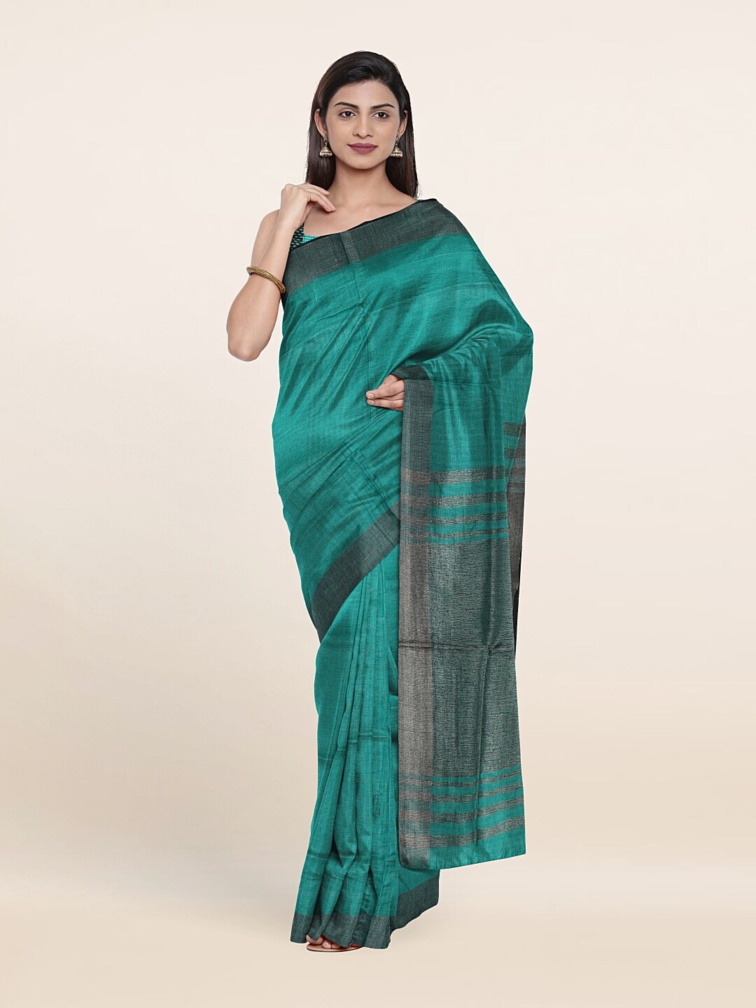 Pothys Green & Grey Zari Linen Blend Saree Price in India