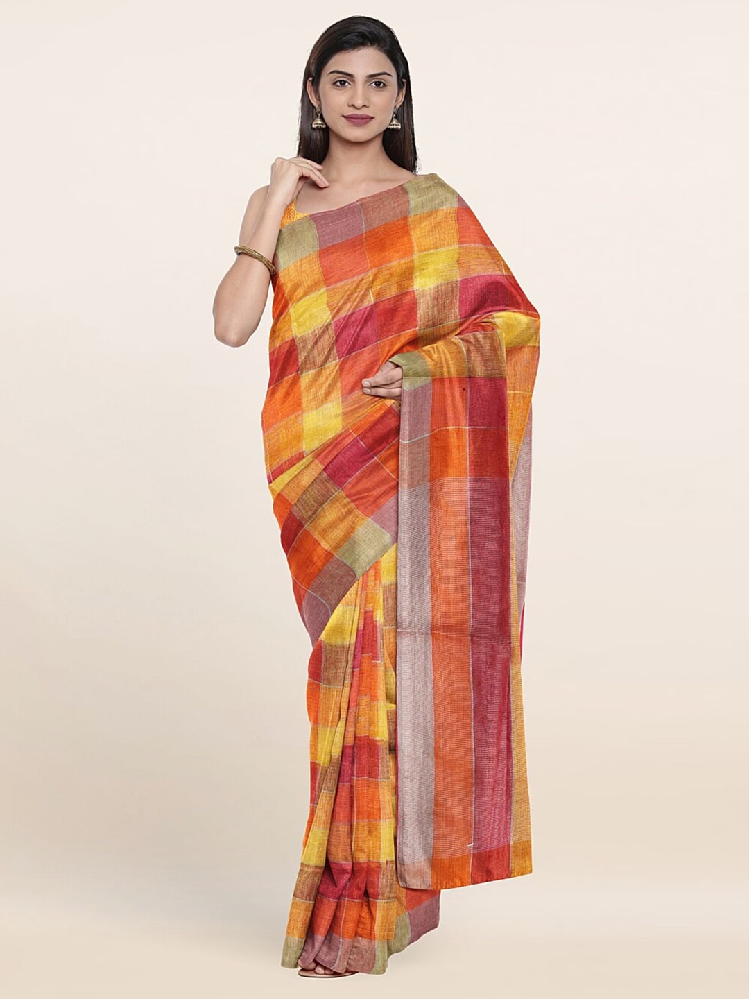 Pothys Yellow & Pink Checked Art Linen Blend Saree Price in India