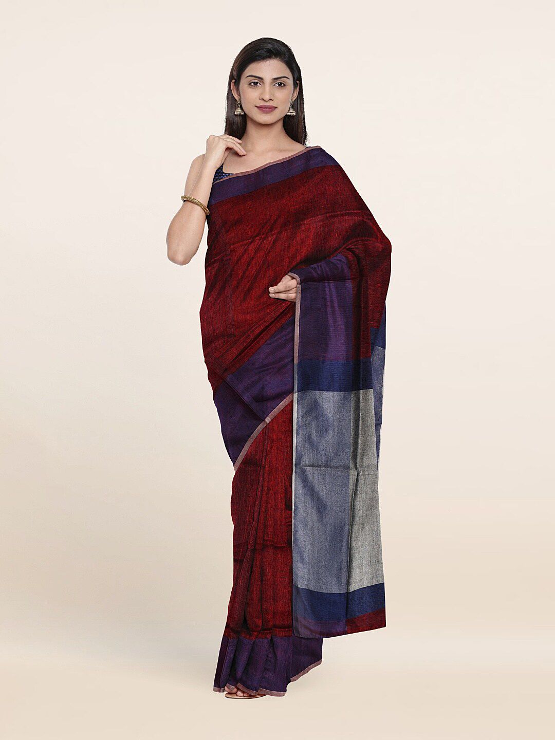 Pothys Maroon & Blue Woven Design Zari Linen Blend Saree Price in India
