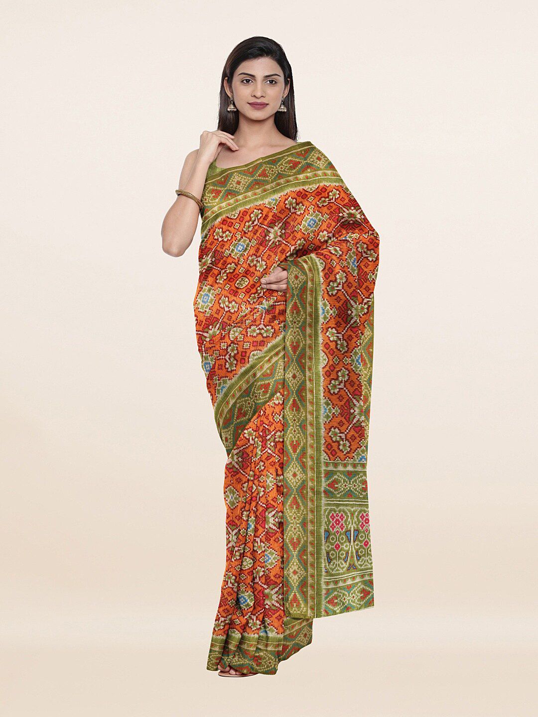 Pothys Orange & Green Floral Zari Art Silk Saree Price in India