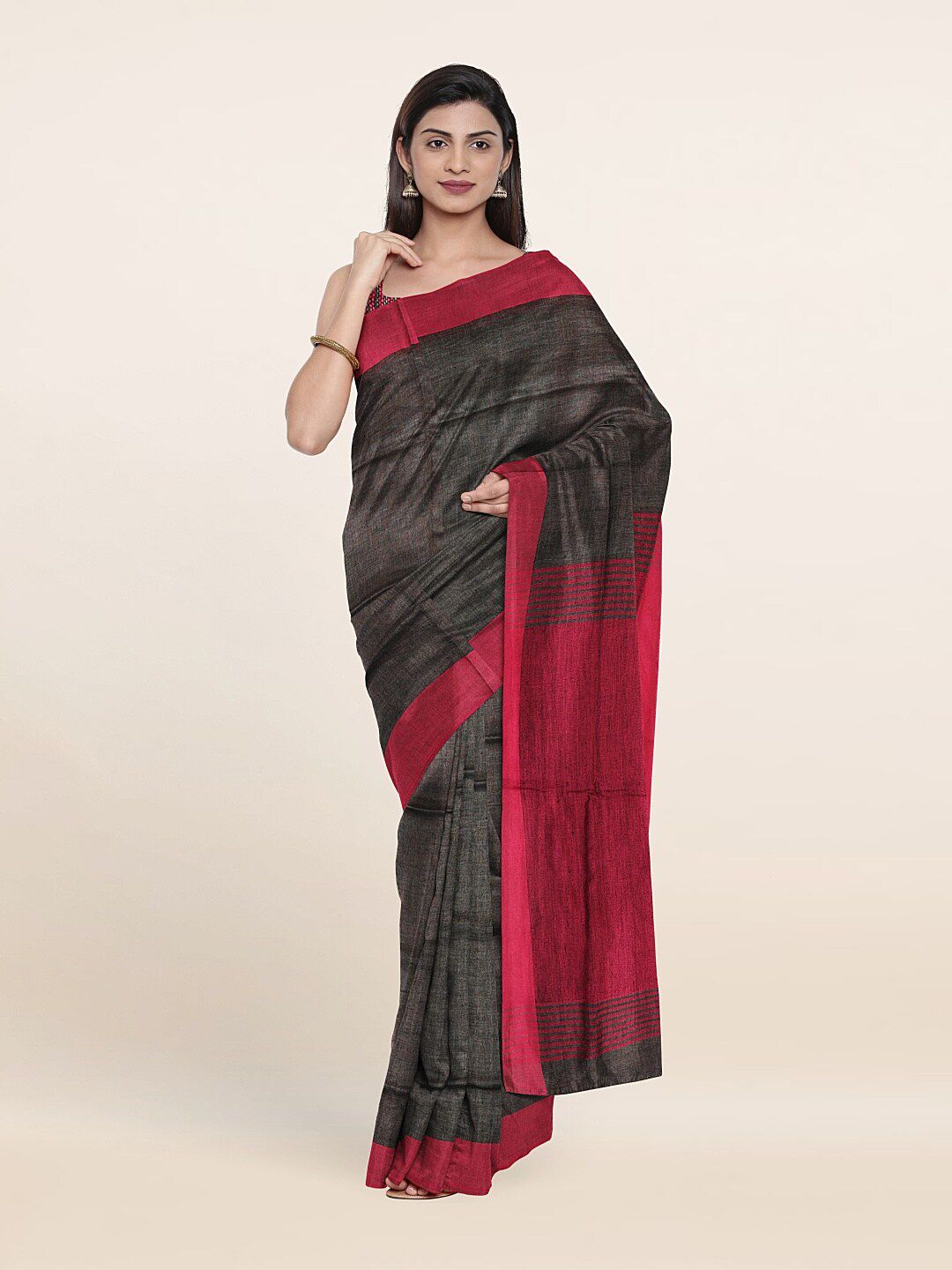 Pothys Charcoal & Pink Linen Blend Saree Price in India