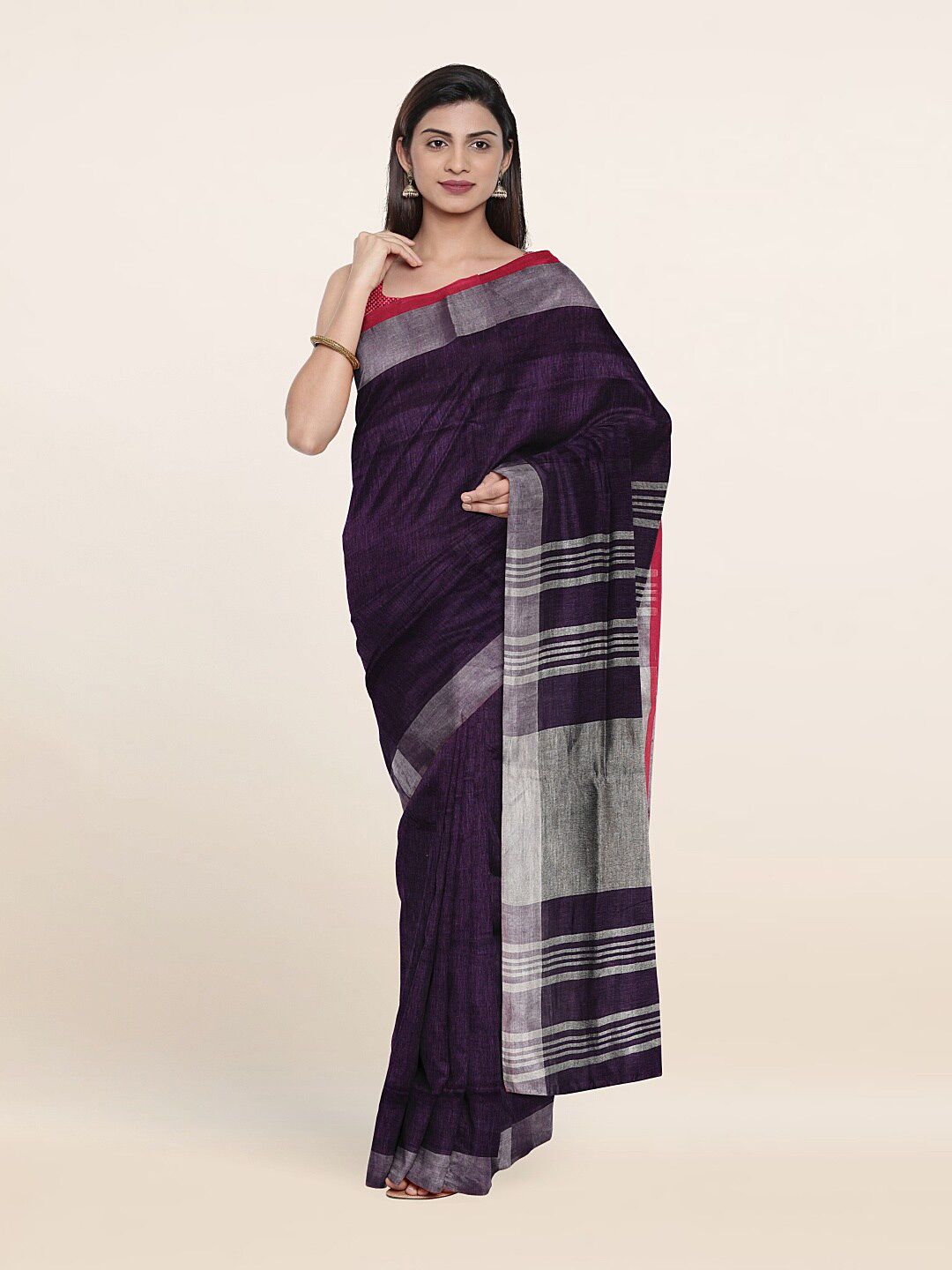 Pothys Violet & Grey Zari Linen Blend Saree Price in India