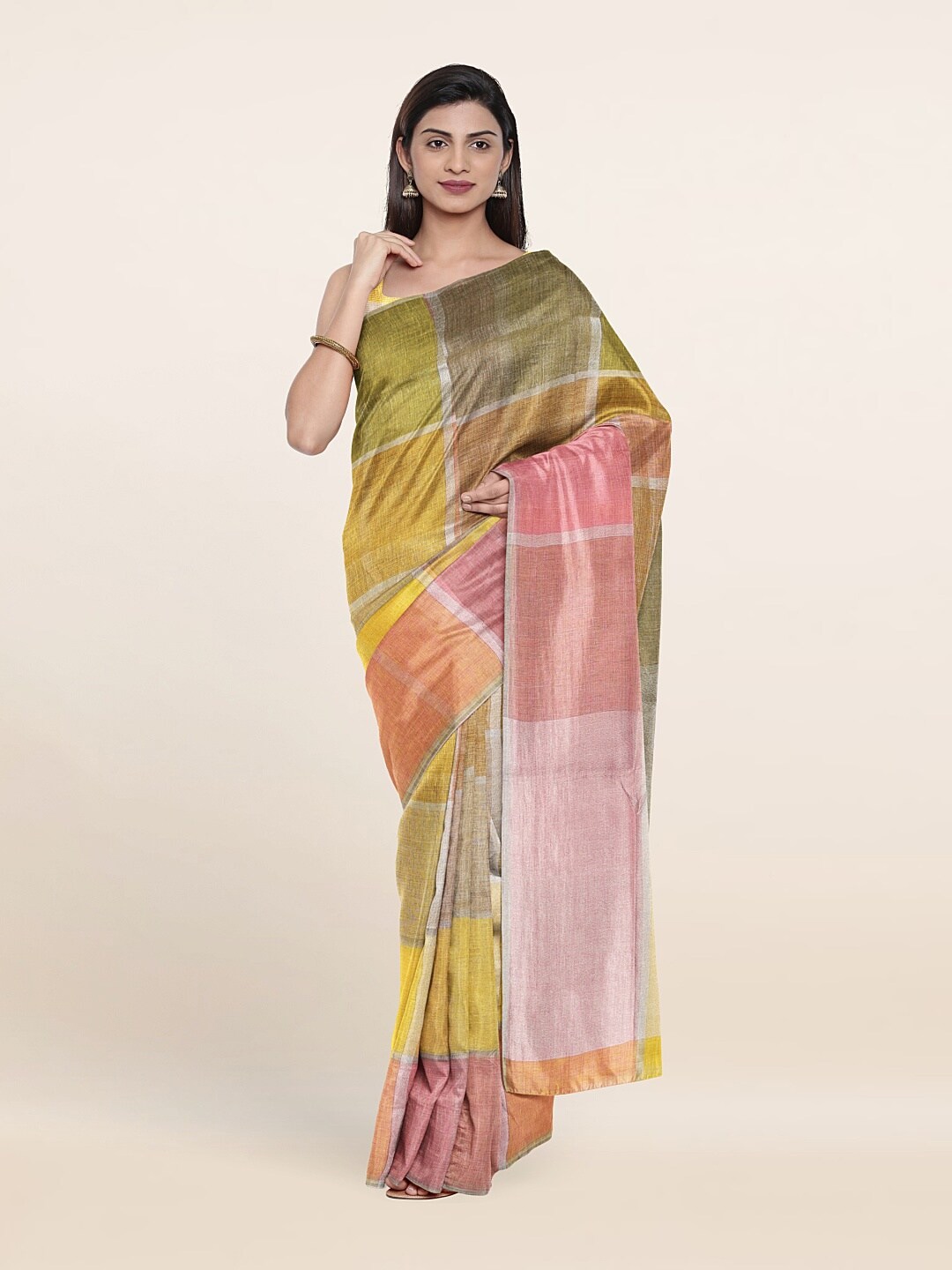 Pothys Green & Yellow Checked Zari Linen Blend Saree Price in India