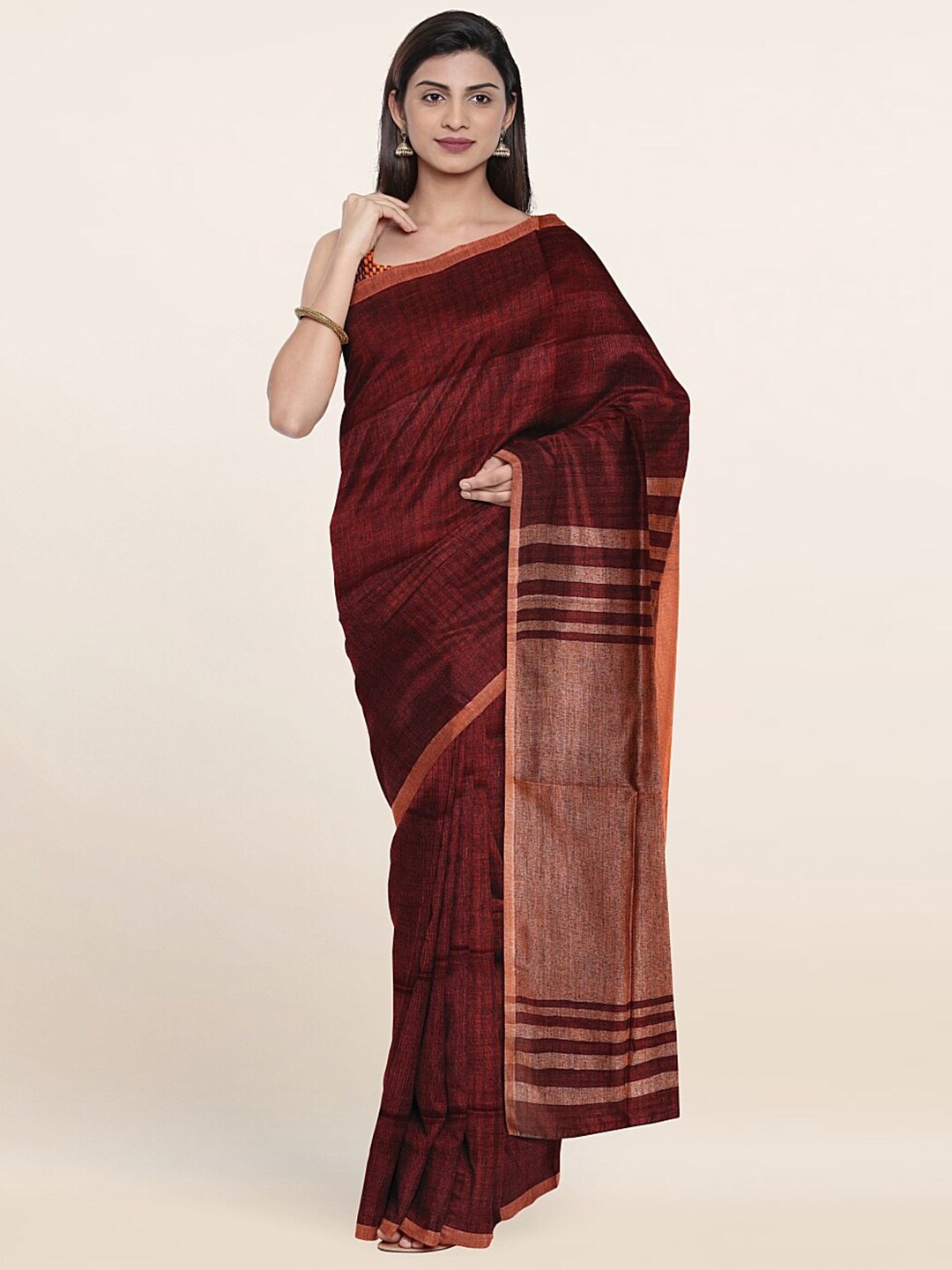 Pothys Maroon Zari Linen Blend Saree Price in India