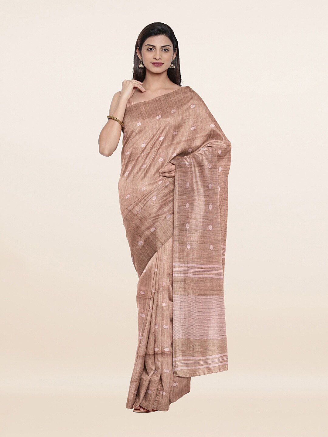 Pothys Women Cream-Coloured & Pink Woven Design Art Silk Saree Price in India