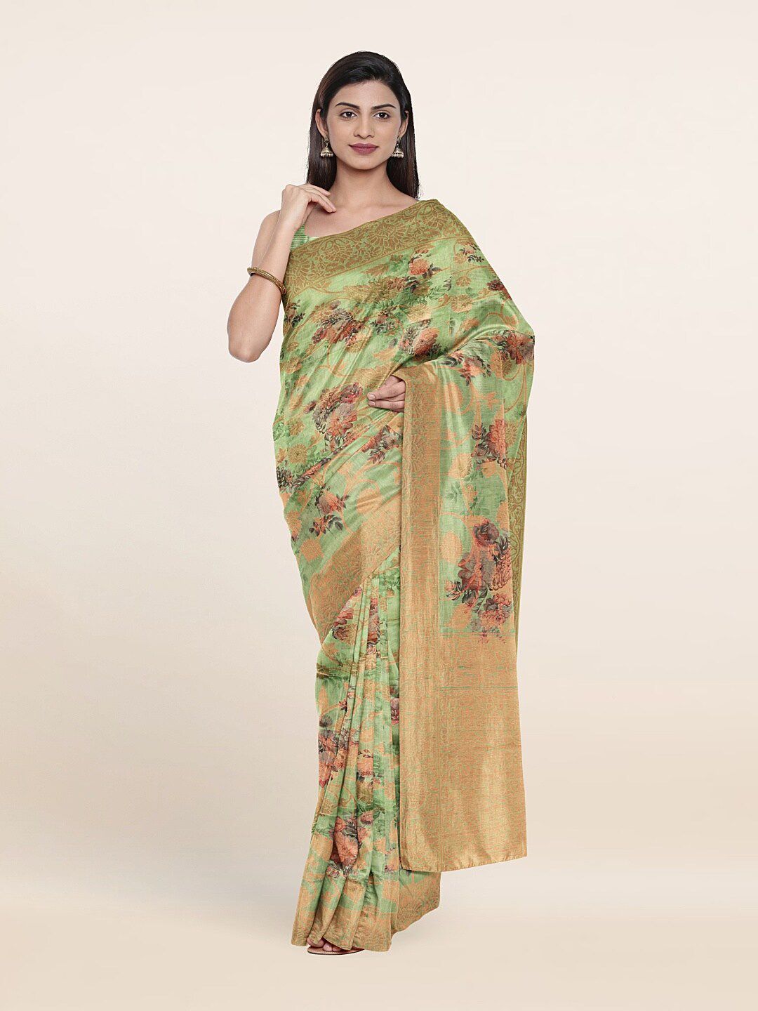 Pothys Women Green & Pink Floral Printed Zari Art Silk Saree Price in India