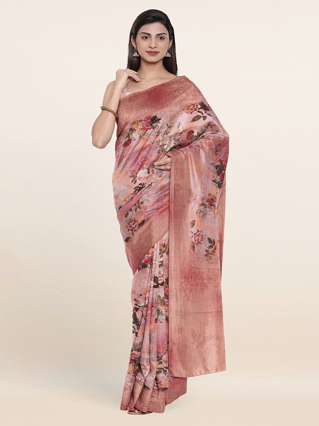 Pothys Pink & Green Floral Zari Art Silk Saree Price in India