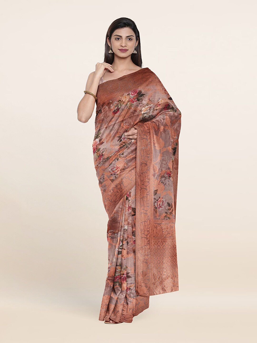 Pothys Brown & Pink Floral Zari Art Silk Saree Price in India