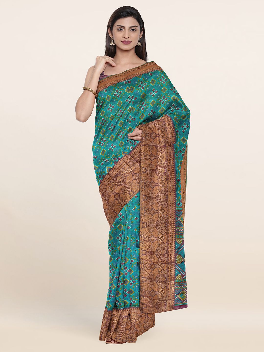 Pothys Green & Violet Printed Zari Art Silk Saree Price in India