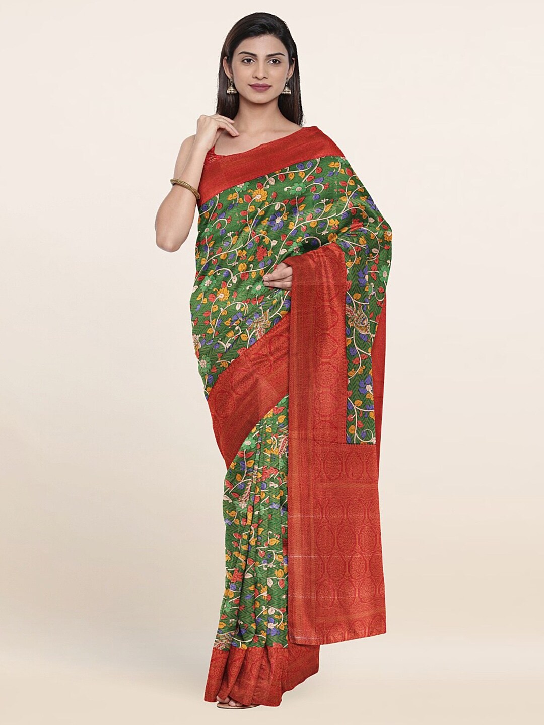 Pothys Women Green & Red Floral Art Silk Saree Price in India