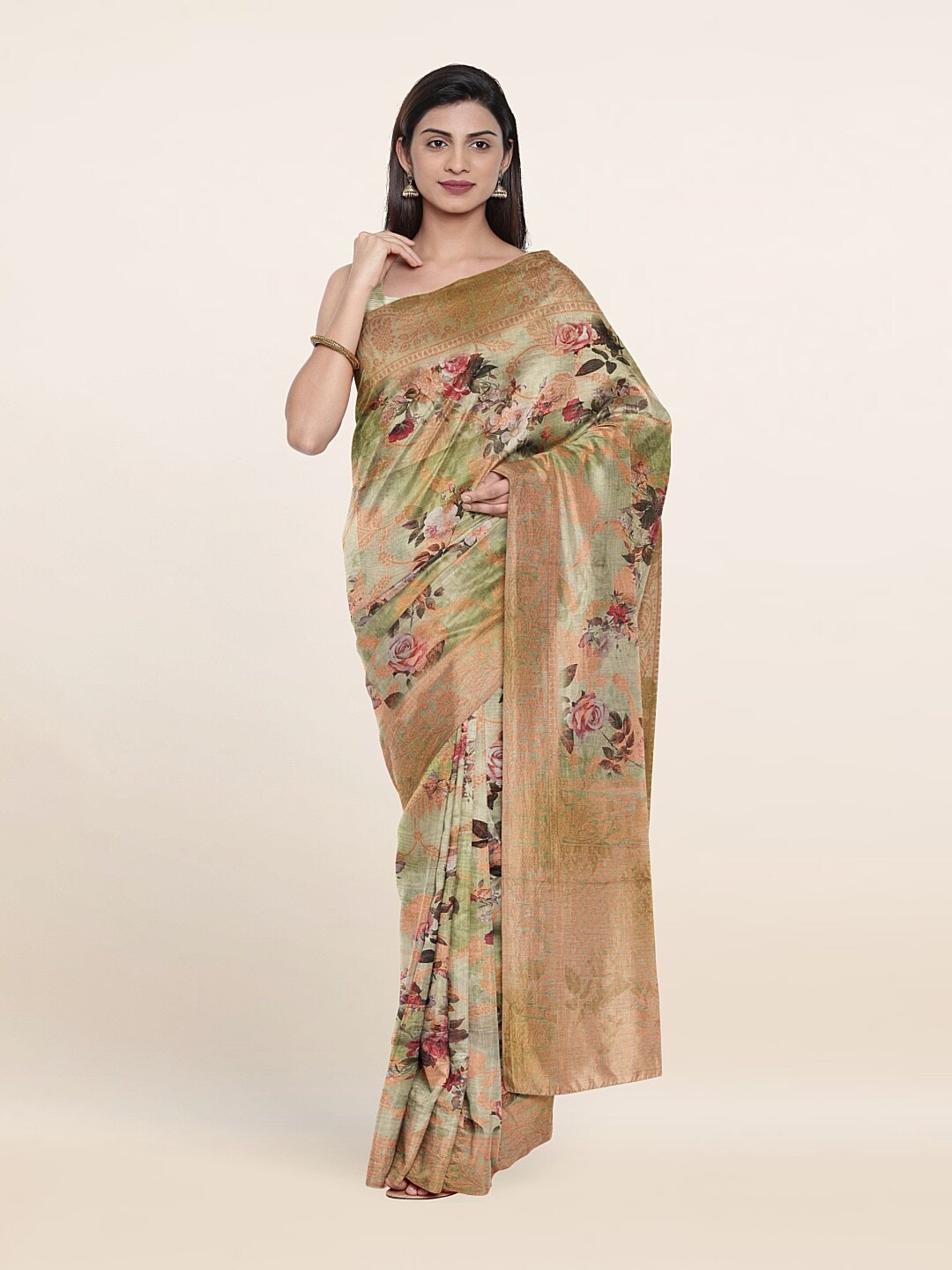 Pothys Green & Copper-Toned Floral Zari Art Silk Saree Price in India
