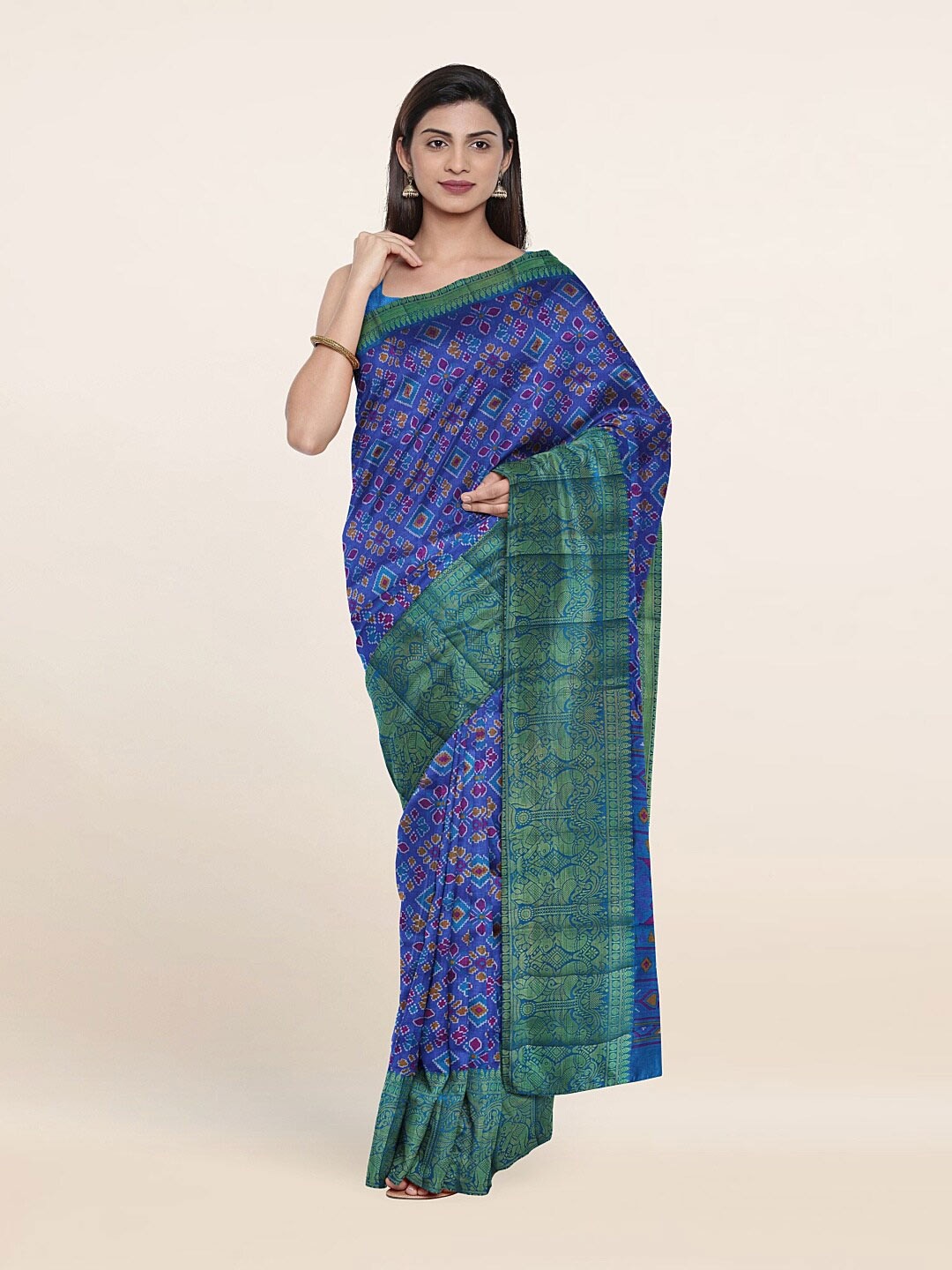 Pothys Blue & Green Ethnic Motifs Zari Art Silk Saree Price in India