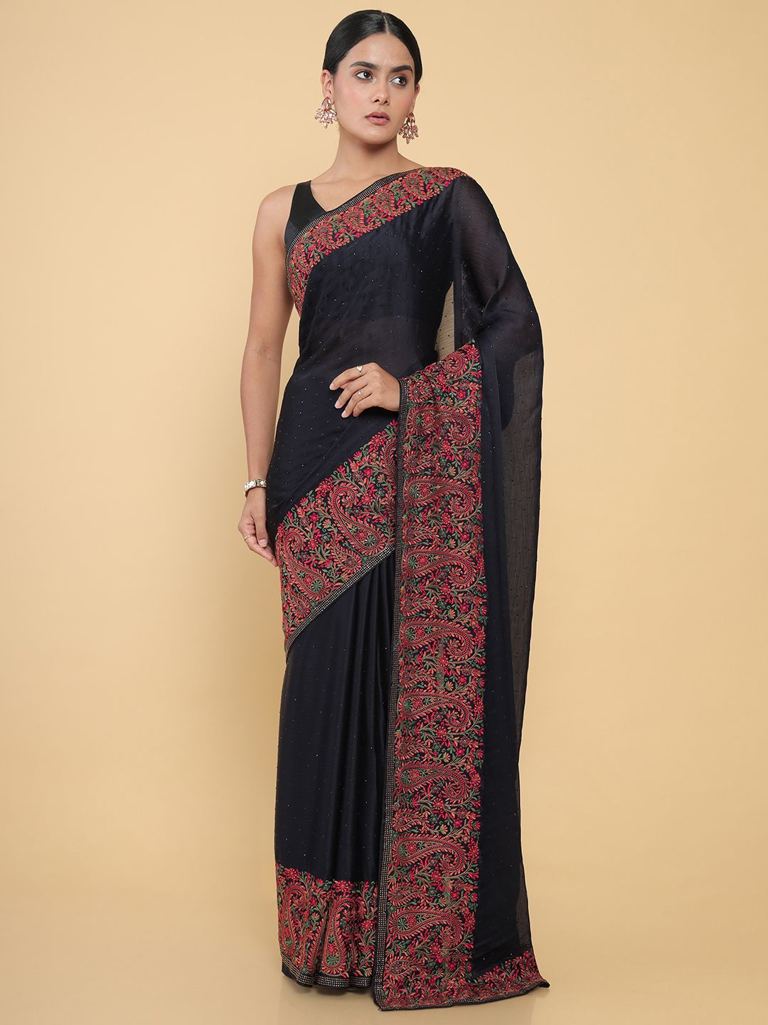 Soch Black & Pink Floral Embroidered Pure Georgette Saree Price in India