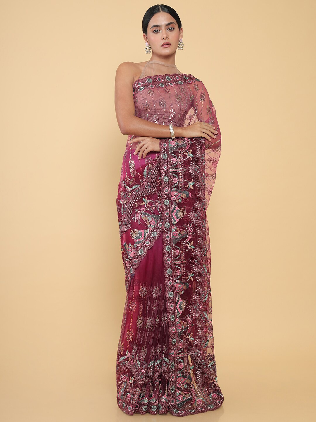 Soch Pink & Green Floral Embroidered Net Saree Price in India