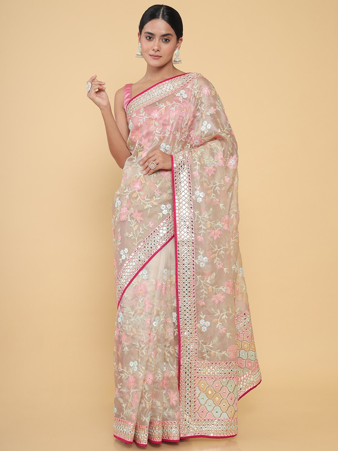 Soch Women Pink & White Floral Embroidered Organza Saree Price in India