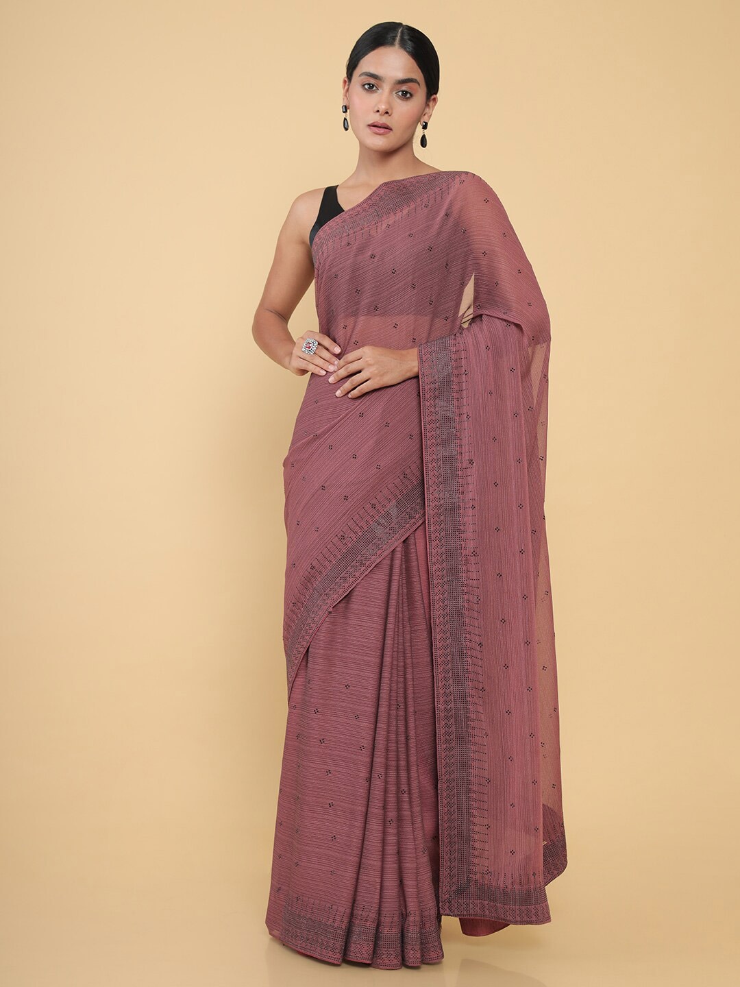 Soch Maroon & Black Embellished Beads and Stones Pure Georgette Saree Price in India