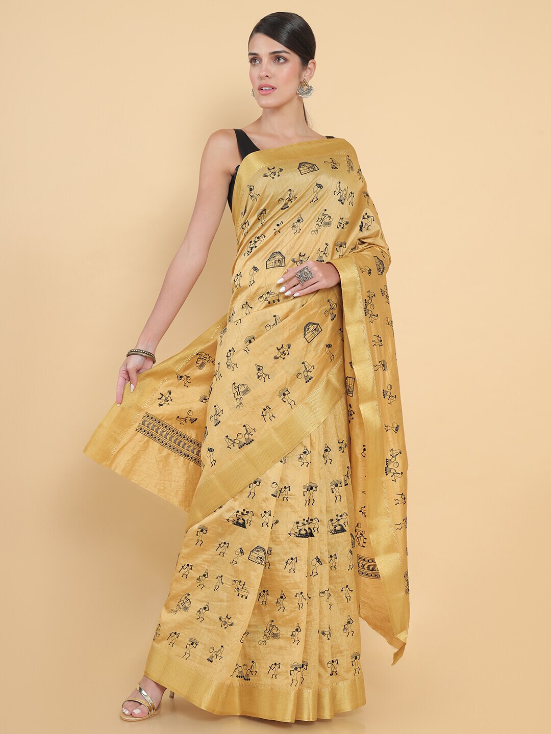 Soch Women Beige & Black Warli Embroidered Silk Blend Saree Price in India