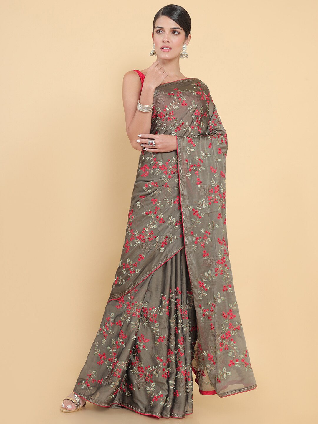 Soch Grey & Pink Floral Embroidered Pure Georgette Saree Price in India