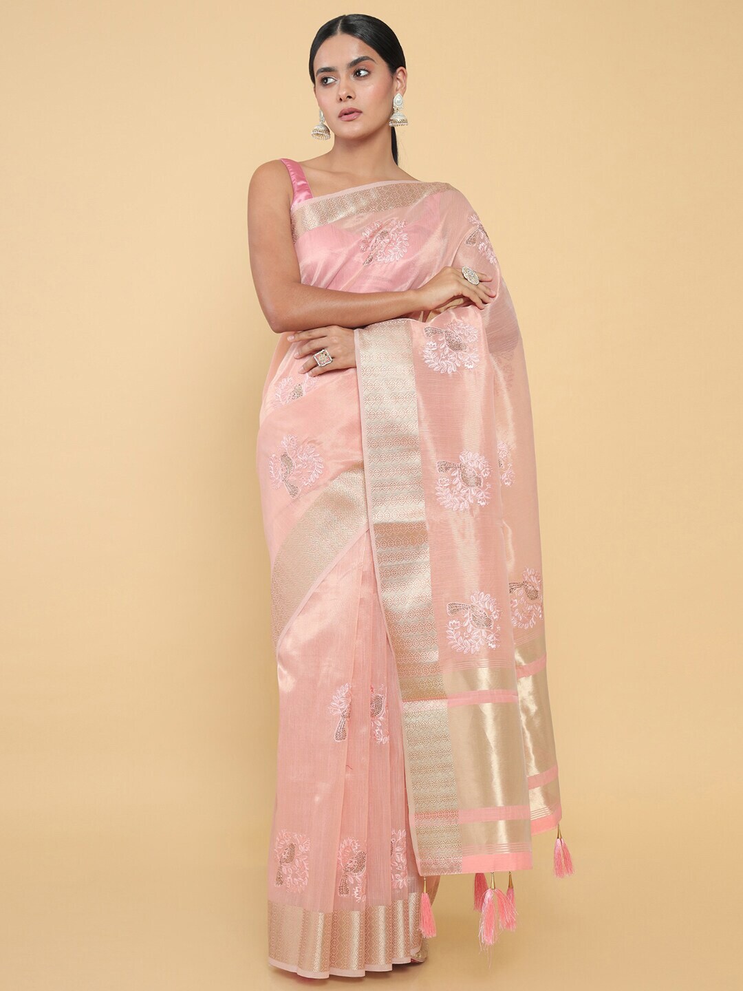 Soch Pink & White Ethnic Motifs Embroidered Tissue Saree Price in India