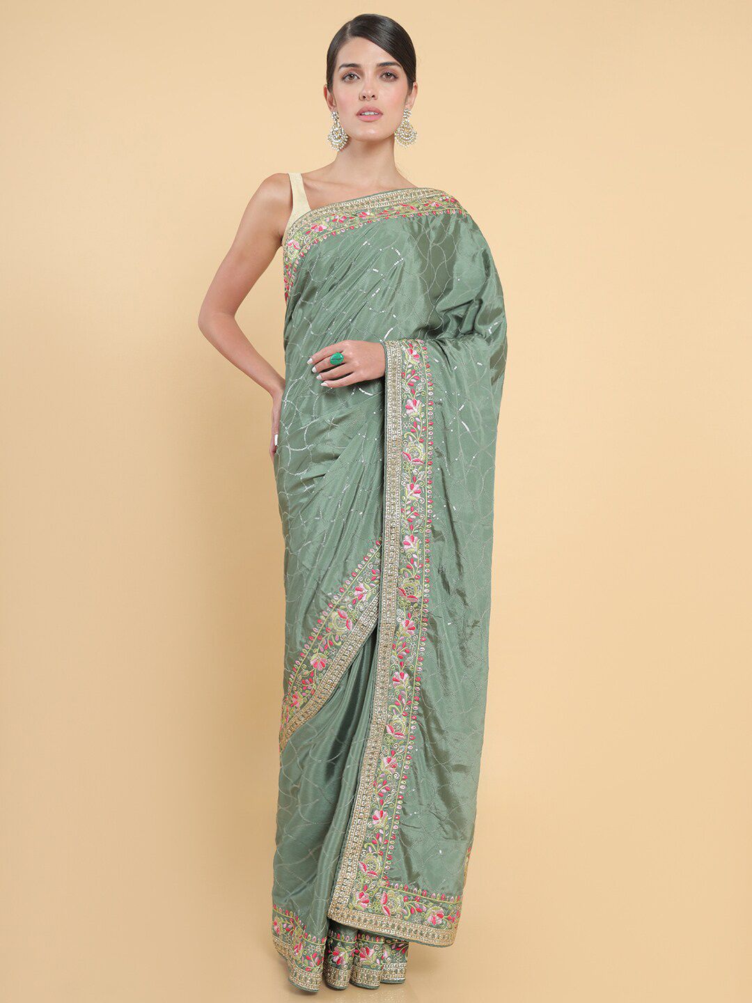 Soch Green & Pink Embellished Sequinned Pure Georgette Saree Price in India