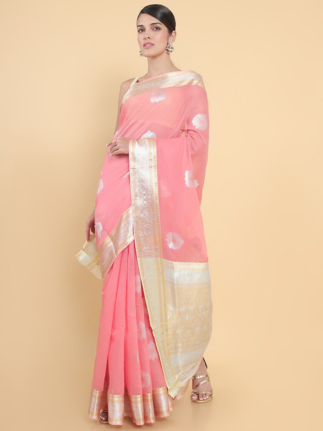 Soch Pink & Silver-Toned Woven Design Zari Cotton Blend Saree Price in India